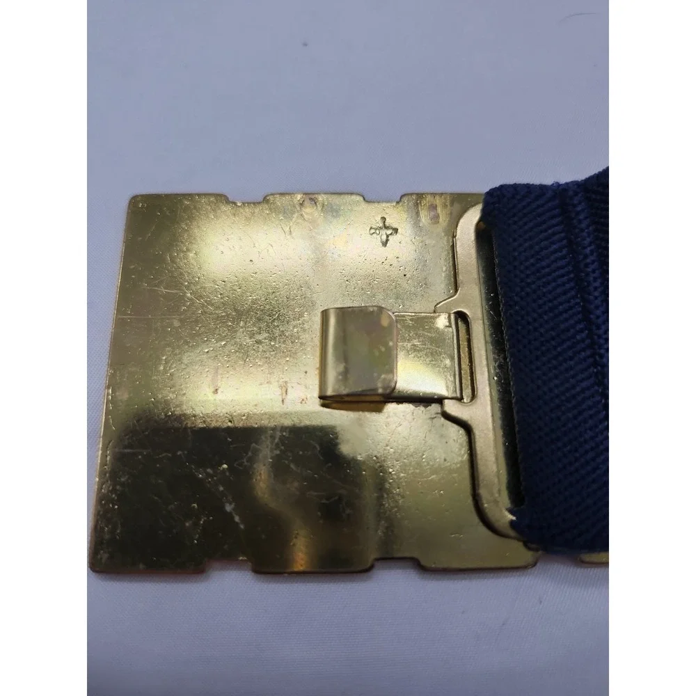 Vintage 1980s Blue Stretch Belt Striped Gold Tone Clip Buckle Elastic Waist Belt